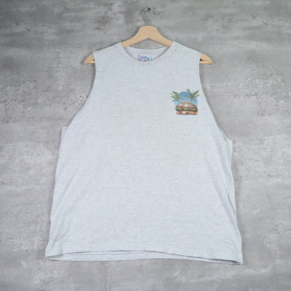 80s Caribbean Soul Cheeseburger in Paradise Boxy Grey Graphic Tank Mens XL - Picture 3 of 9